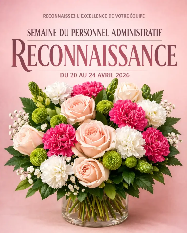 Bouquet de fleurs élégant pour la semaine du personnel administratif 2026 avec roses, œillets et fleurs printanières sur fond rose pour souligner la reconnaissance en entreprise