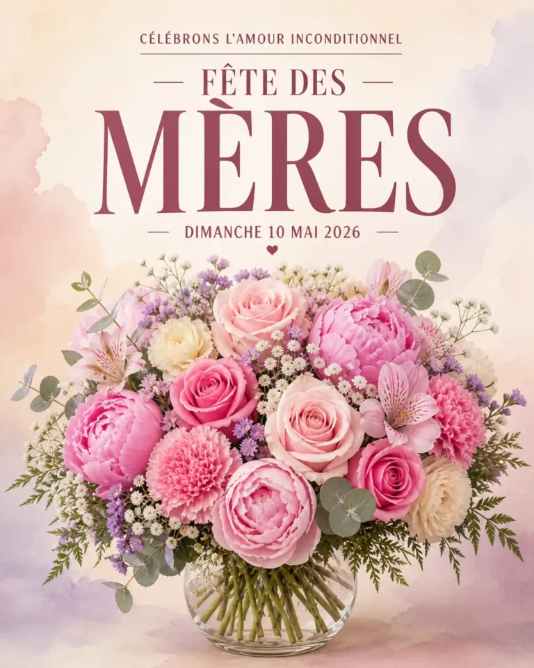 Bouquet élégant de roses et pivoines roses pour la Fête des Mères 2026 dans un vase en verre, style fleuriste haut de gamme. Bouquet Fête des Mères à Saint-Hubert et Montréal – roses et pivoines par Fleuriste La Romaine
