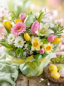 Bouquet de fleurs de Pâques avec tulipes, roses et œufs décoratifs – Fleuriste La Romaine Saint-Hubert