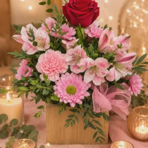 Fête des Mères Arrangement Centre De Table floral 'Sénade Rose' de Fleuriste La Romaine dans une boîte en bois avec rose rouge et fleurs roses.